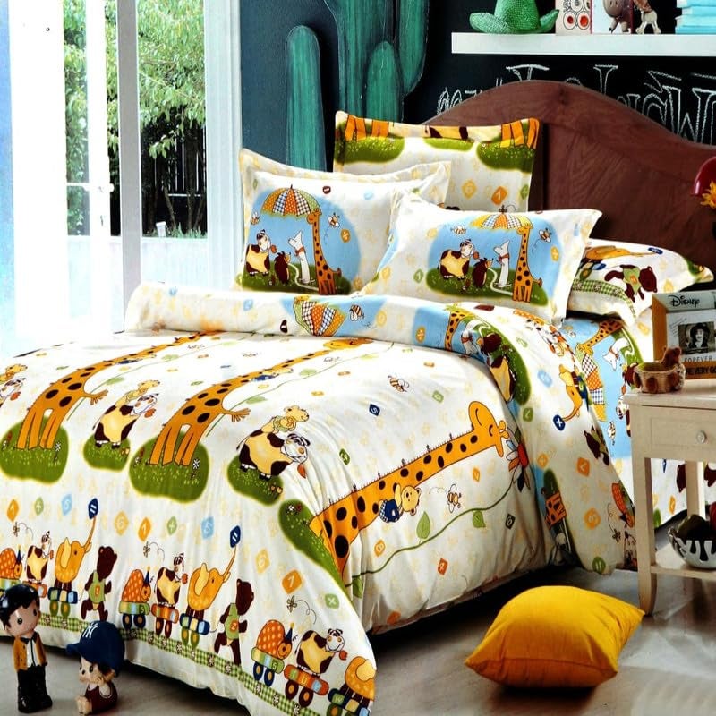 CLICKCART Glace Cotton Prime Collection Ultrasoft Skin Friendly Cartoon Print for Kids Flat Double Bedsheet with 2 Pillow Covers 90 x 100 Inch Multi Animals Kidzee2  - Image 1