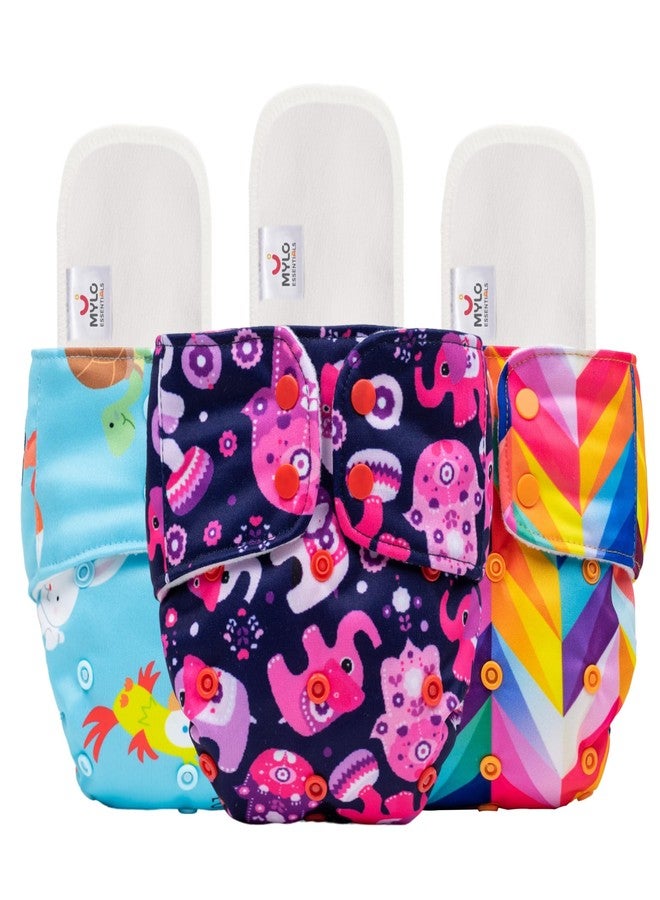 Mylo Leak-Proof Baby Cloth Diaper Combo (3 Diapers + 3 Inserts) | Free Size (3M-3Y) | High Absorption | Quick Dry | Oeko-Tex Certified | Washable - Rainbow, Purple Love & Pet Love - Image 1