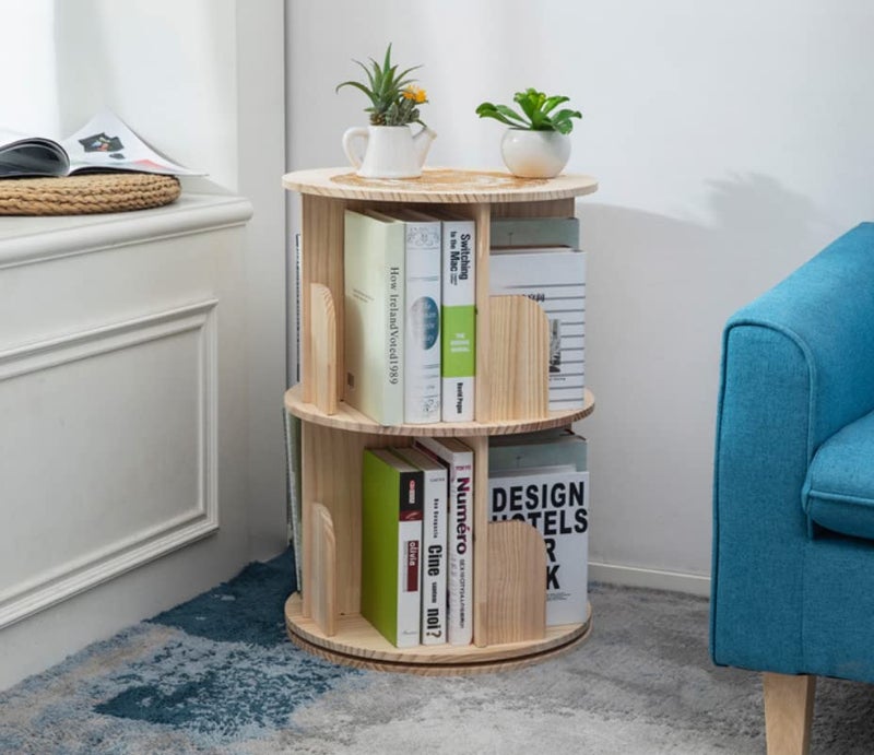 Heehee Wooden Rotating Bookshelf 360 Display Floor Standing Bookcase Storage Rack for Kids&Adults Multi-Functional Bookshelf Organizer (2-Tier) - Image 1