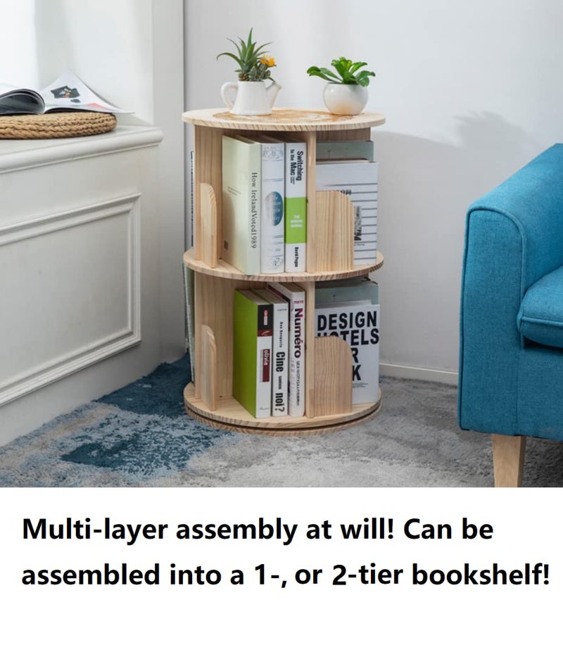 Heehee Wooden Rotating Bookshelf 360 Display Floor Standing Bookcase Storage Rack for Kids&Adults Multi-Functional Bookshelf Organizer (2-Tier) - Image 3