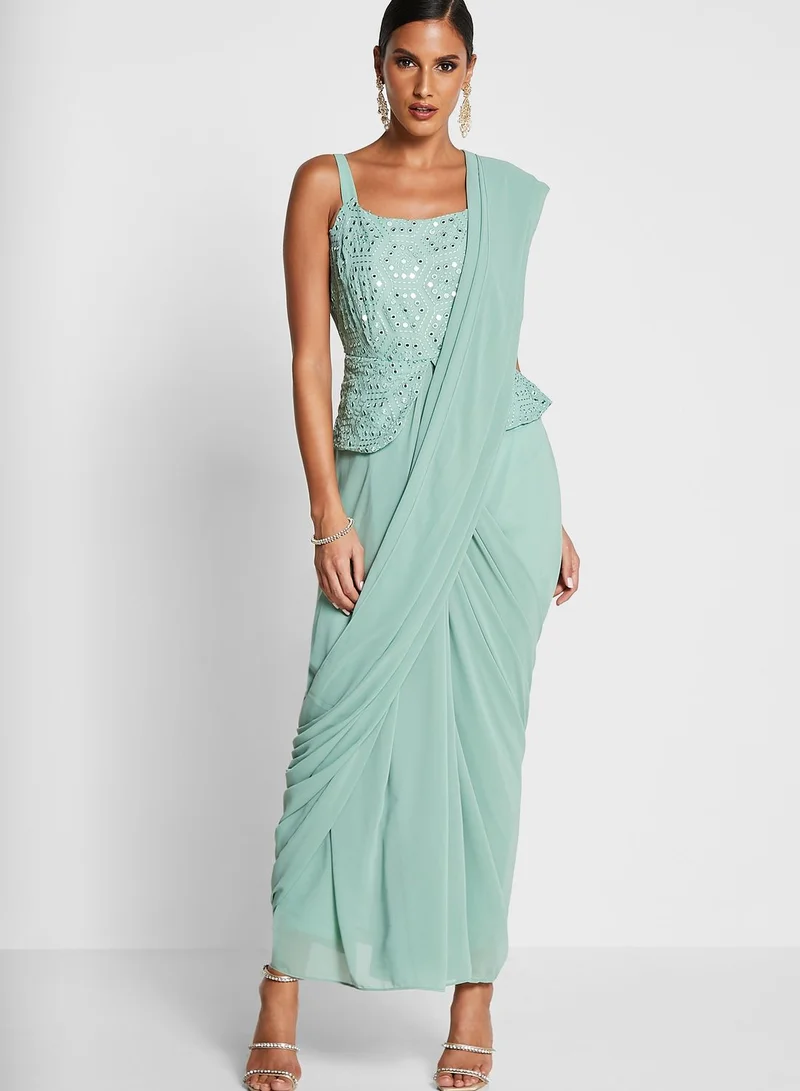 indya Indya X Shraddha Kapoor Sage Green Pre Draped Saree With Attached Top