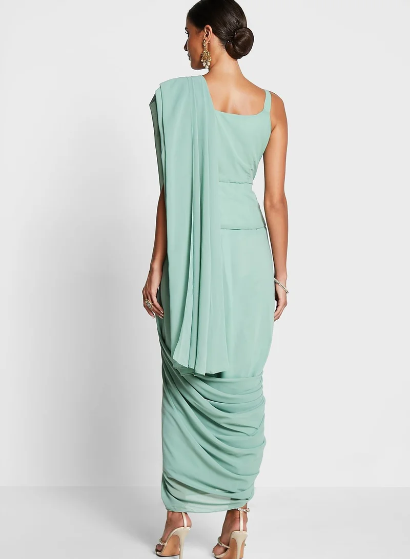 indya Indya X Shraddha Kapoor Sage Green Pre Draped Saree With Attached Top