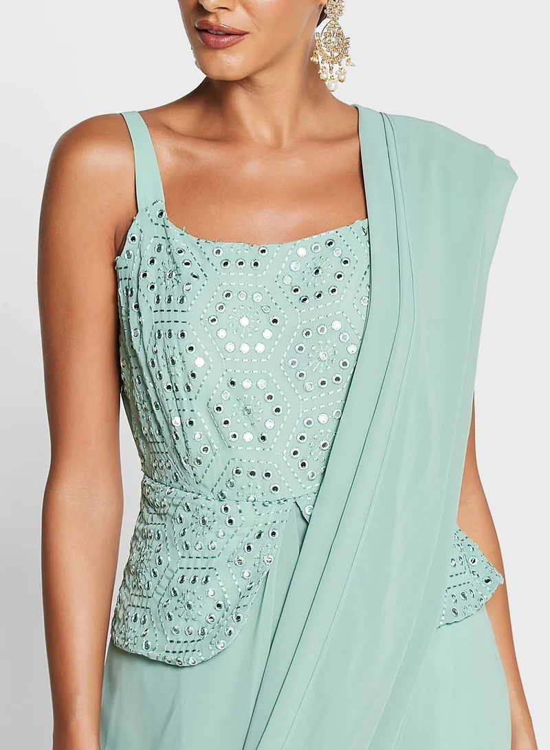 indya Indya X Shraddha Kapoor Sage Green Pre Draped Saree With Attached Top