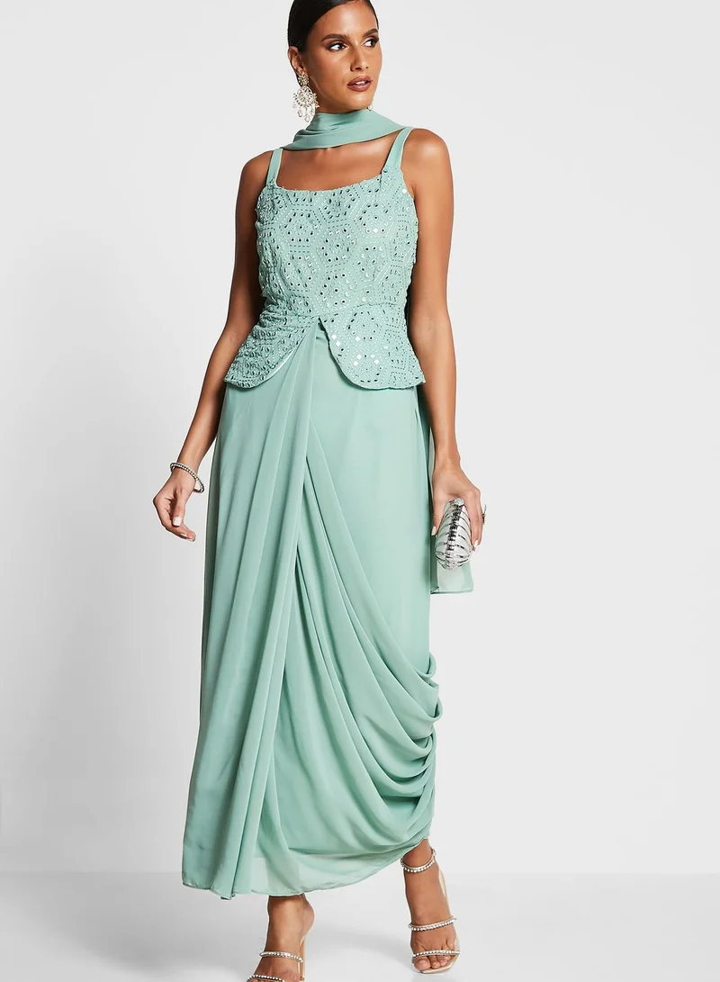 indya Indya X Shraddha Kapoor Sage Green Pre Draped Saree With Attached Top