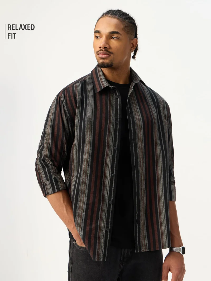 The Souled Store The Souled Store: Roman Men and Boys Long Sleeve Spread Collar Black Geometric Print Cotton Regular Shirt