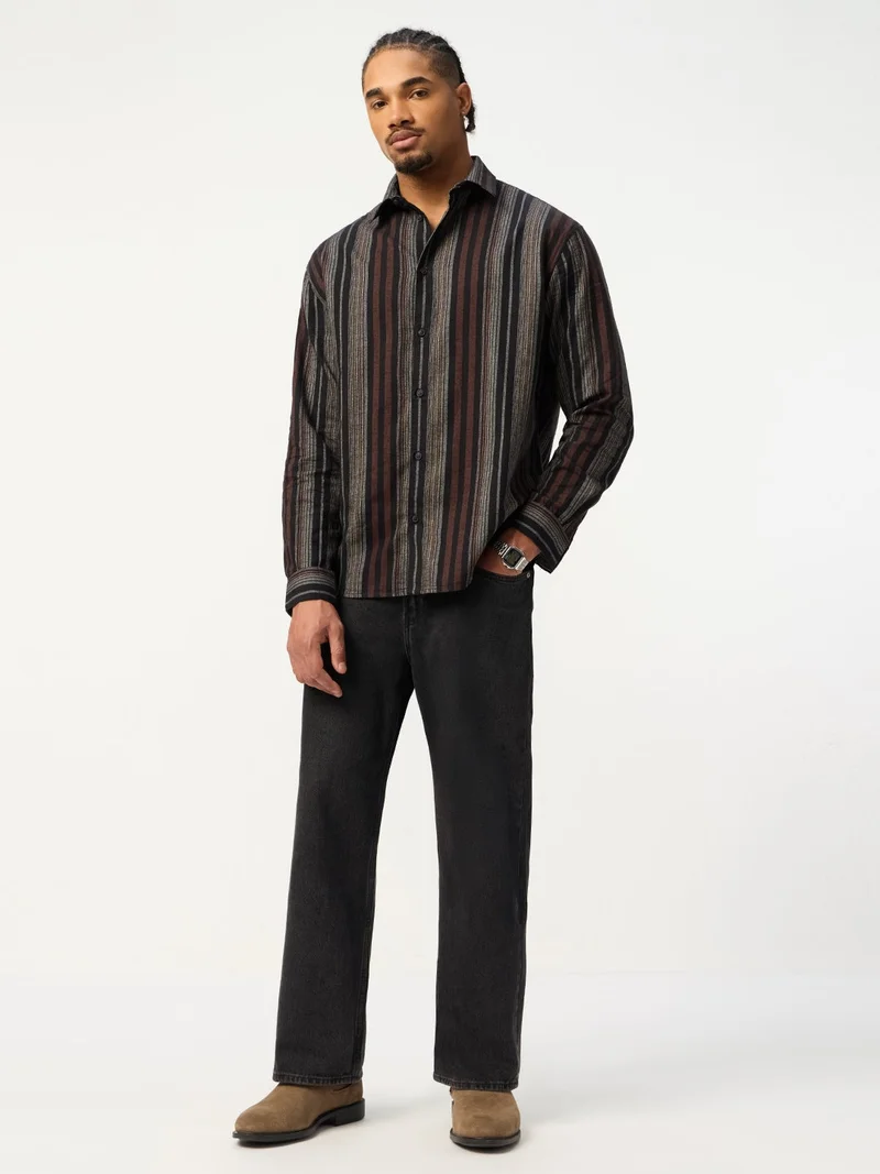 The Souled Store  The Souled Store: Roman Men and Boys Long Sleeve Spread Collar Black Geometric Print Cotton Regular Shirt  | Best Price UAE