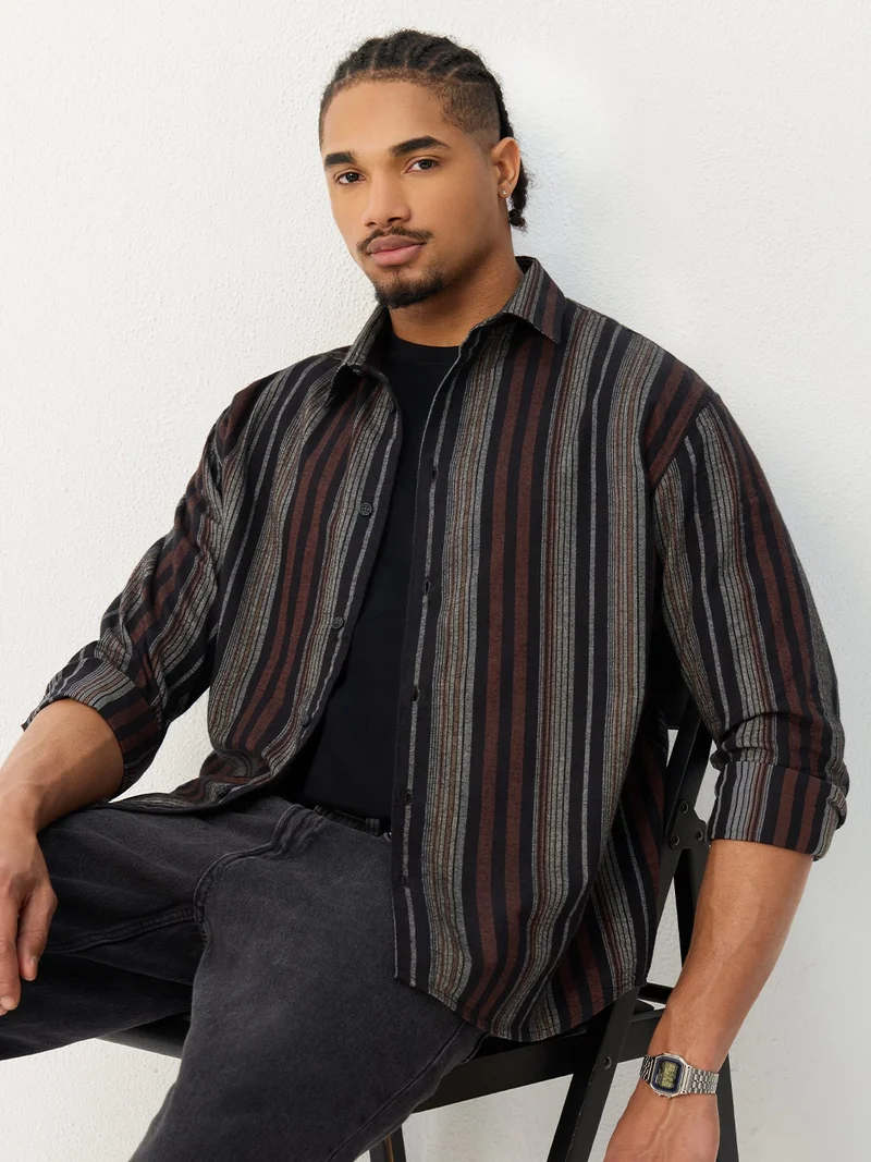 The Souled Store  The Souled Store: Roman Men and Boys Long Sleeve Spread Collar Black Geometric Print Cotton Regular Shirt  | Best Price UAE