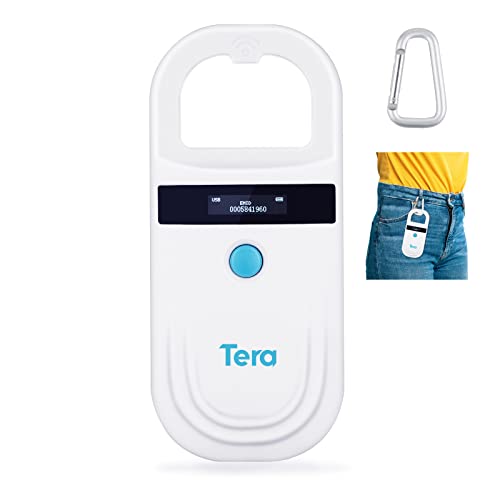 Tera Pet Microchip Reader Scanner with D-Ring RFID Portable Animal Chip ID Scanner with OLED Display Screen Rechargeable Data Storage Tag Scanner EMID FDX-B(ISO11784/85) for Dog Cat Animal Management