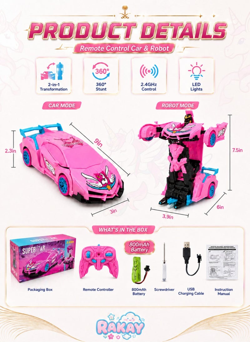 RAKAY Unicorn Remote Control Car Toy for Girls, 2.4GHz RC Stunt Car with Lights，Magical 2 in 1 Robot Car with One-Button Transformation, 360° Rotation, Racing Fun Gift Toys for Girls Ages 3+ - Image 3