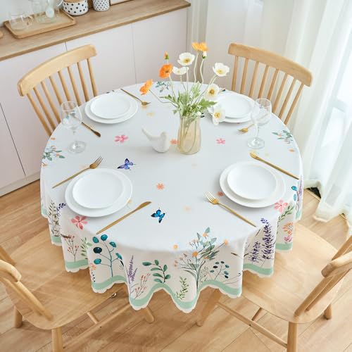 EFFICINATURE Round Tablecloth 60 Inch Spring Floral Table Cloth Scalloped Edge Silky Soft Light Fabric Waterproof Wrinkle Free Washable Table Cover for Kitchen Dining Outdoor Birthday Patio Party Decor (White) - Image 3