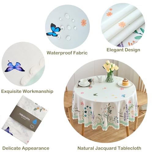 EFFICINATURE Round Tablecloth 60 Inch Spring Floral Table Cloth Scalloped Edge Silky Soft Light Fabric Waterproof Wrinkle Free Washable Table Cover for Kitchen Dining Outdoor Birthday Patio Party Decor (White) - Image 2
