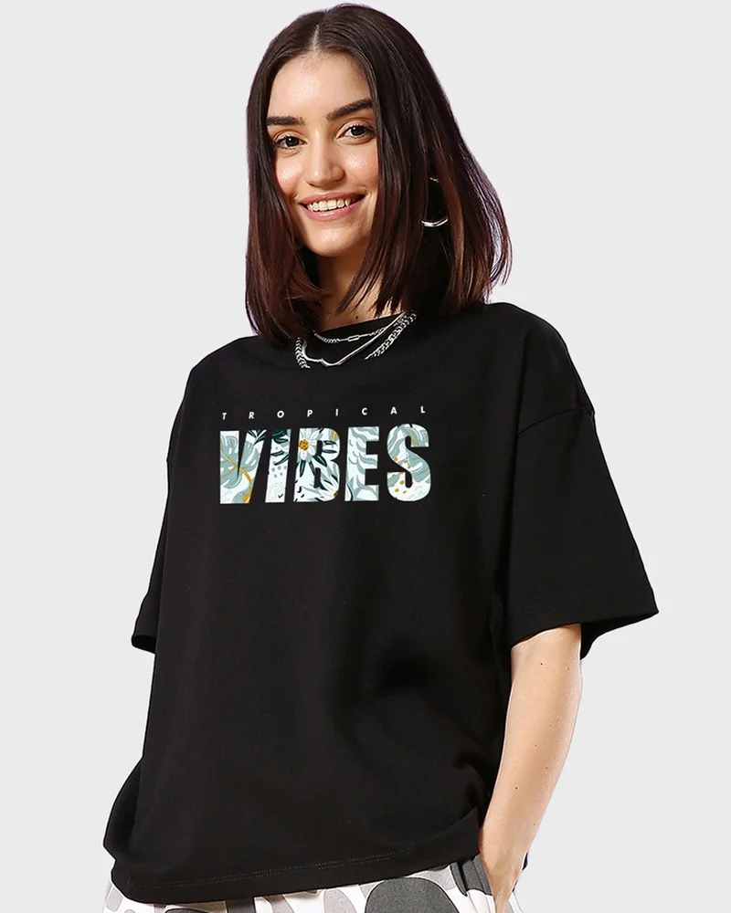 bewakoof Women's Black Tropical Vibes Typography Oversized T-shirt