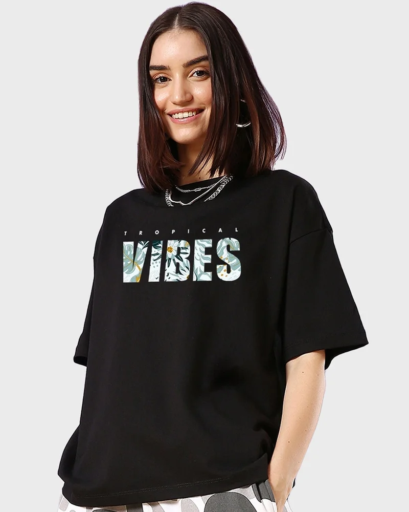 bewakoof Women's Black Tropical Vibes Typography Oversized T-shirt