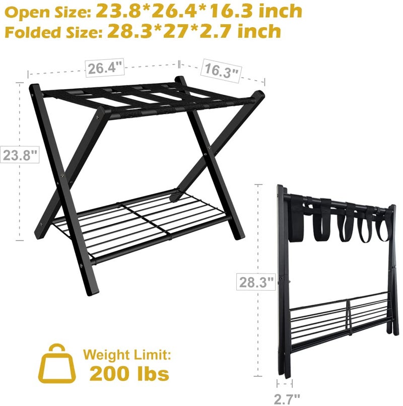 mocomax 2 Pack Folding Luggage Rack for Guest Room, Foldable Suitcase Stand Holder with Metal Storage Shelf for Bedroom, Living Room, Hotel Essentials, Heavy Duty Steel Frame, Black - Image 4