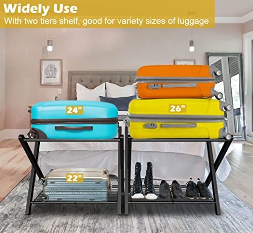 mocomax 2 Pack Folding Luggage Rack for Guest Room, Foldable Suitcase Stand Holder with Metal Storage Shelf for Bedroom, Living Room, Hotel Essentials, Heavy Duty Steel Frame, Black - Image 2