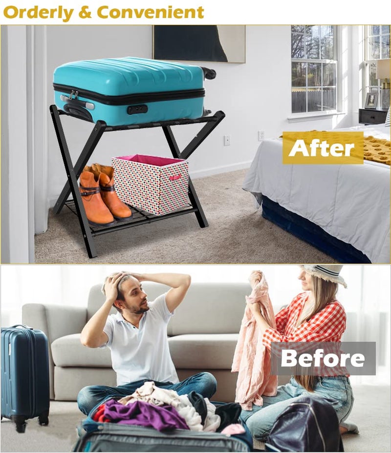 mocomax 2 Pack Folding Luggage Rack for Guest Room, Foldable Suitcase Stand Holder with Metal Storage Shelf for Bedroom, Living Room, Hotel Essentials, Heavy Duty Steel Frame, Black - Image 3