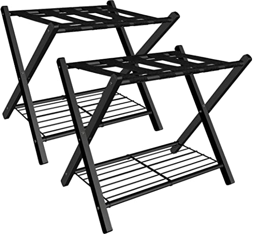 mocomax 2 Pack Folding Luggage Rack for Guest Room, Foldable Suitcase Stand Holder with Metal Storage Shelf for Bedroom, Living Room, Hotel Essentials, Heavy Duty Steel Frame, Black - Image 1