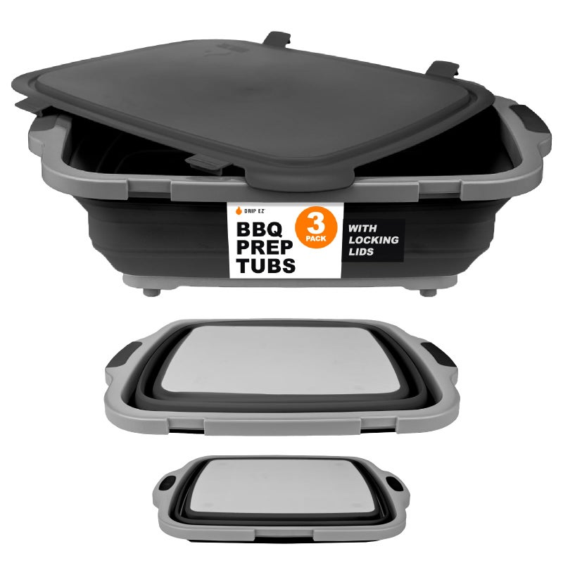 Drip EZ Collapsible BBQ Prep Tubs 3-Piece Set- For Meal Prep Marinating Food Storage - Includes Cutting Board & Lid - (1) JR + (1) OG + (1) XL - Black - Image 1
