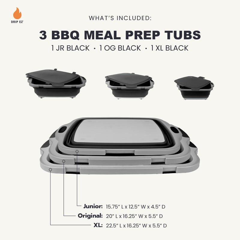 Drip EZ Collapsible BBQ Prep Tubs 3-Piece Set- For Meal Prep Marinating Food Storage - Includes Cutting Board & Lid - (1) JR + (1) OG + (1) XL - Black - Image 2