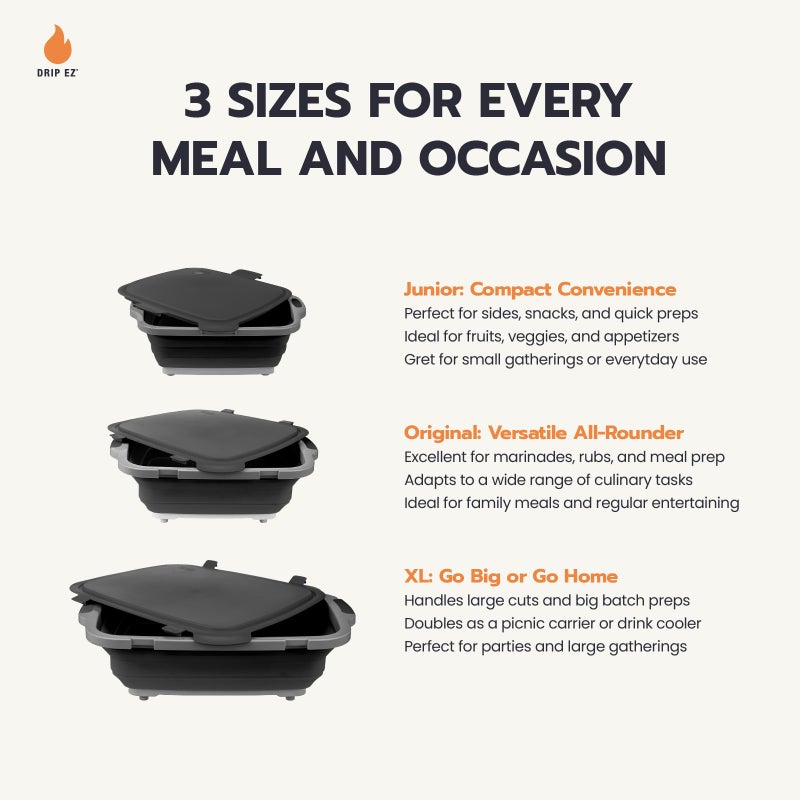 Drip EZ Collapsible BBQ Prep Tubs 3-Piece Set- For Meal Prep Marinating Food Storage - Includes Cutting Board & Lid - (1) JR + (1) OG + (1) XL - Black - Image 4