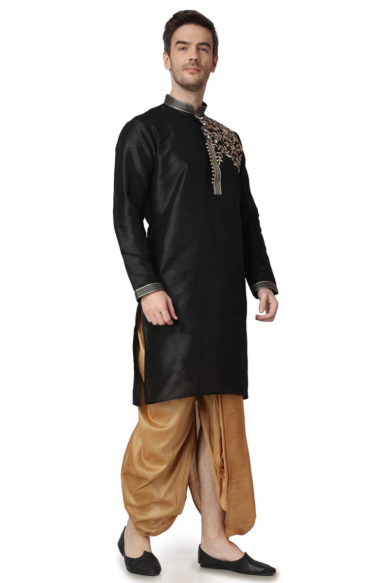 Royal Kurta Mens Cotton Silk Embroidered Kurta and Dhoti Pant Set (42, Black) - Image 3