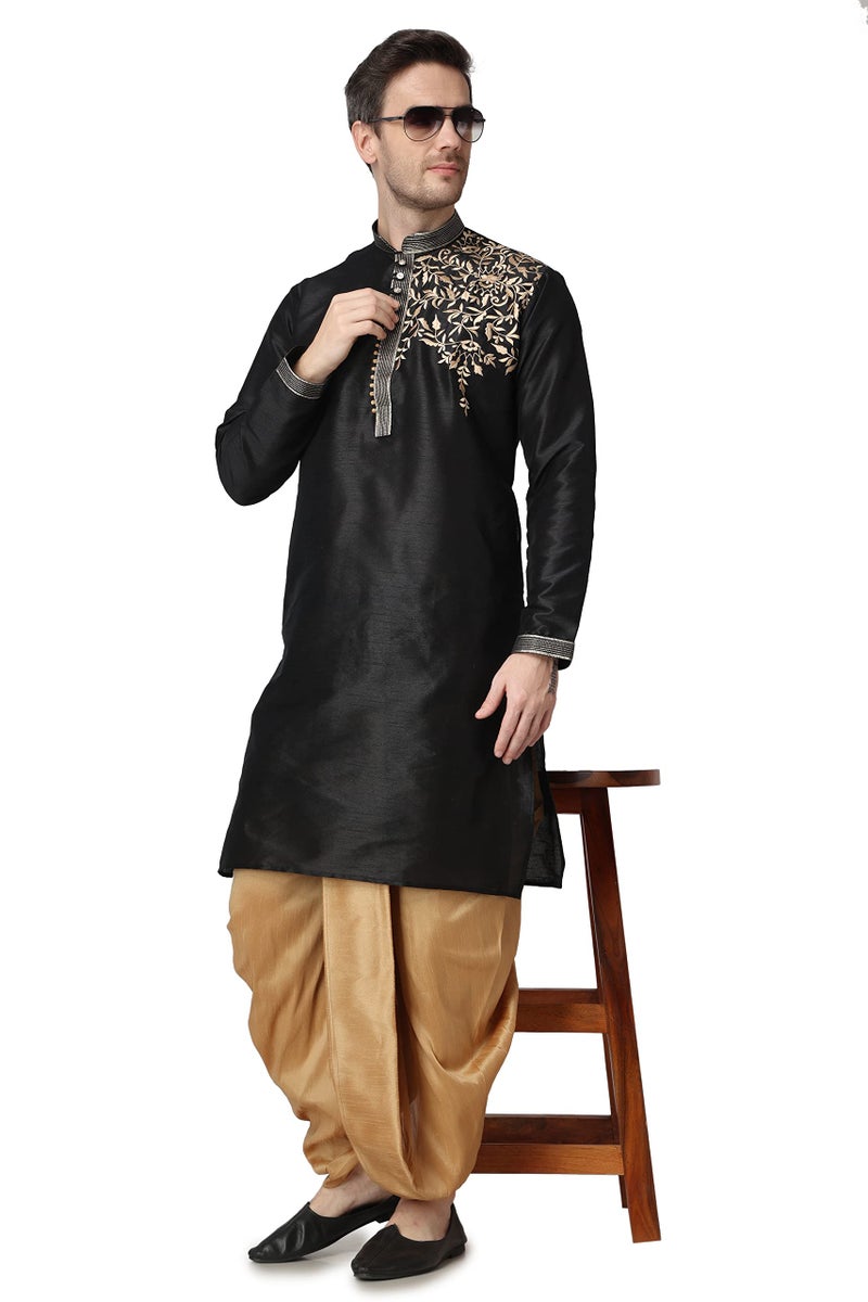 Royal Kurta Mens Cotton Silk Embroidered Kurta and Dhoti Pant Set (42, Black) - Image 5