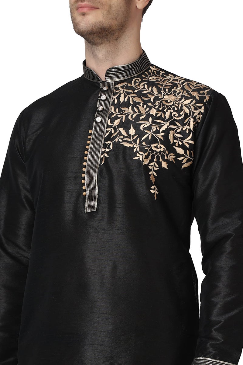 Royal Kurta Mens Cotton Silk Embroidered Kurta and Dhoti Pant Set (42, Black) - Image 4
