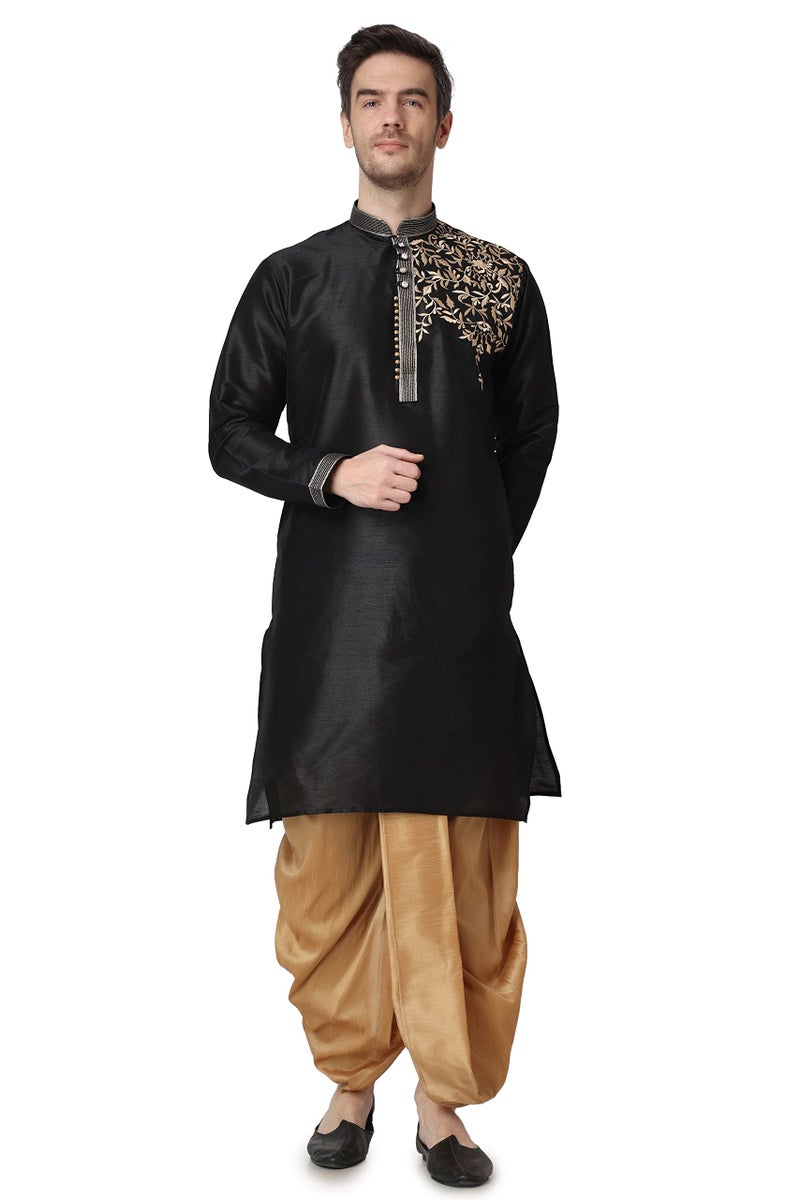 Royal Kurta Mens Cotton Silk Embroidered Kurta and Dhoti Pant Set (42, Black) - Image 1