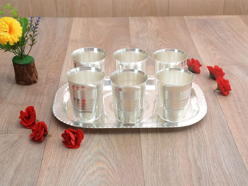 GoldGiftIdeas أفكار هدايا ذهبية مجموعة من 6 كؤوس زجاجية مطلية بالفضة مع صينية - Image 2