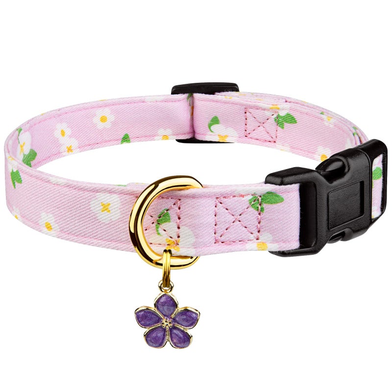 FYEQYAOU Cotton Handmade Dog Collar Cute and Distinctive Patterns Purple Flower with Pendant for Girl Boy Dogs Collars S - Image 1