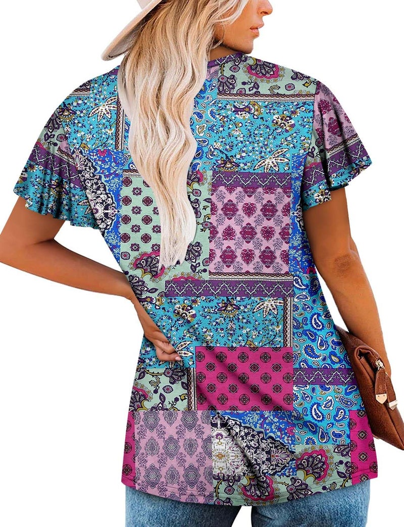 ROSELINLIN Womens Ruffle Short Sleeve Tunic Tops V Neck Loose Fit Flowy Blue Blocks Summer Tops XL - Image 4