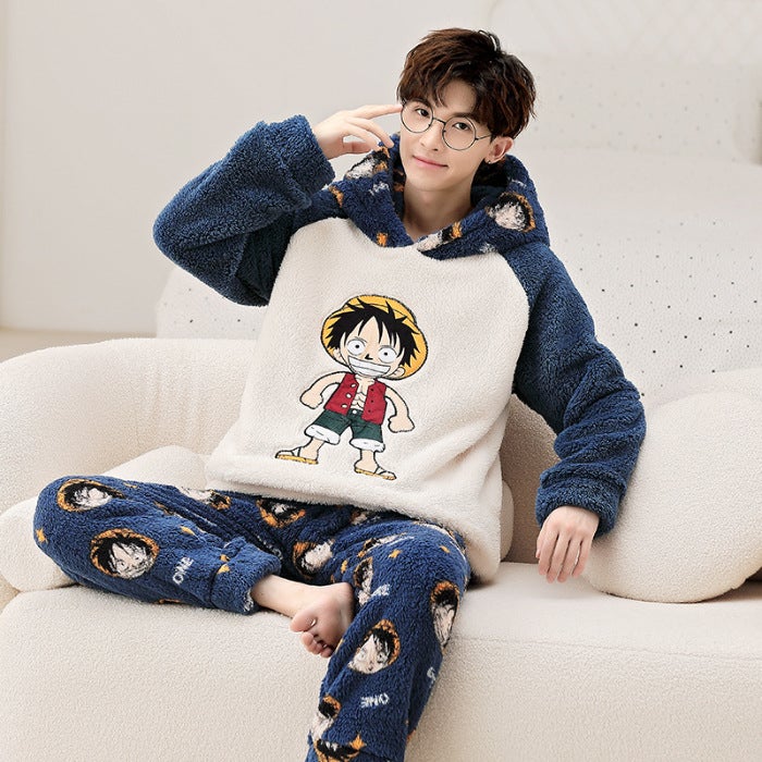 بيجامة فleece كورال للرجال شتاء مع غطاء رأس فleece زائد كرتوني ديناصور لطيف بحجم زائد للمراهقين بدلة منزلية - Image 1