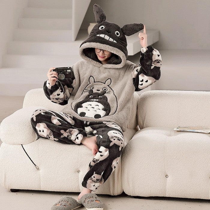 بيجامة فleece كورال للرجال شتاء مع غطاء رأس فleece زائد كرتوني ديناصور لطيف بحجم زائد للمراهقين بدلة منزلية - Image 3