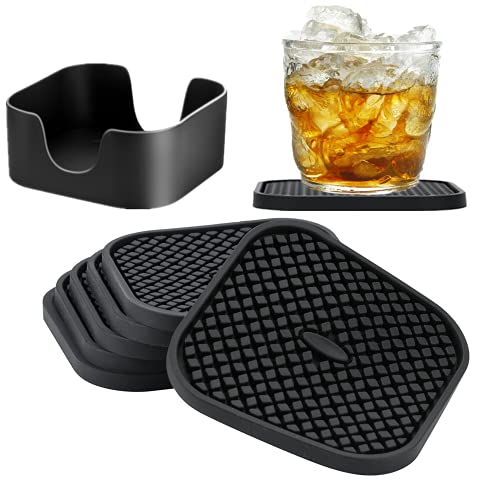 IYYI Silicone Coasters Set of 6, Drink Coasters with Holder, Non-Slip Cup Mat, Deep Tray Absorbent Coaster, Heat Resistant Countertop Protection (Black-Square) - Image 1