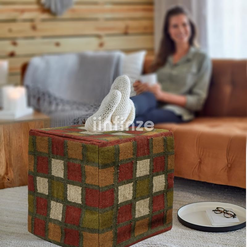 iinfinize Rustic Wool Jute Muddha Luxury Pouffes Sitting Stool for Home Office Indian Footrest Home Decor Floor Pouf Cover Kilim Handwoven Ottoman Cover Furniture Decor Footstool Bean Bag - Image 1