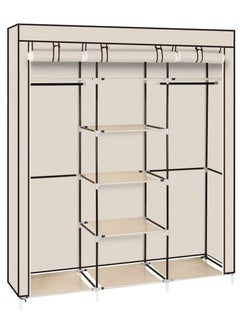 AsolBD AsolBD Double Canvas Wardrobe Cupboard Clothes Hanging Rail Storage Shelves Beige 150 x 175 x 45 cm  - Image 1