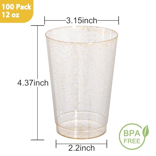 I00000 100 Pack 12 oz Gold Glitter Cups, Clear Disposable Cups, Gold Plastic Wine Glasses Cocktail Glasses Heavy Duty Cups, 12 Ounce Glitter Plastic Tumblers for Party - Image 2