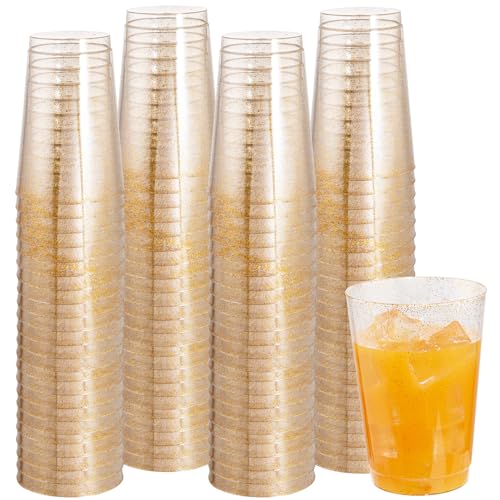 I00000 100 Pack 12 oz Gold Glitter Cups, Clear Disposable Cups, Gold Plastic Wine Glasses Cocktail Glasses Heavy Duty Cups, 12 Ounce Glitter Plastic Tumblers for Party - Image 1