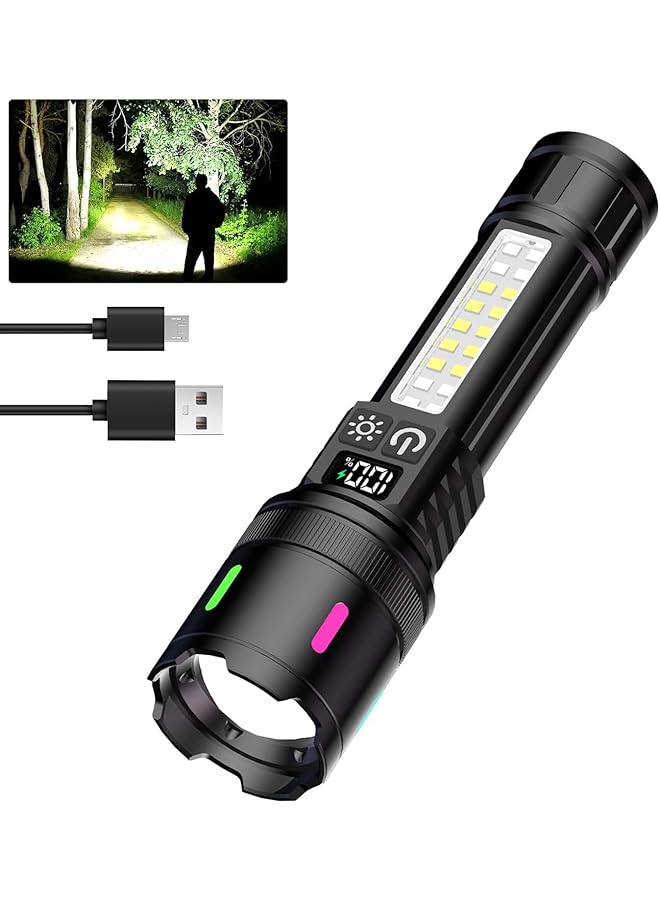 أكلو مصباح يدوي قابل لإعادة الشحن للمنزل، مصباح يدوي LED بقوة 10000 لومن مع نطاق شعاع قابل للتعديل (3 إلى 100 متر)، شحن من النوع C، 3 أوضاع، ضوء جانبي COB - Image 1