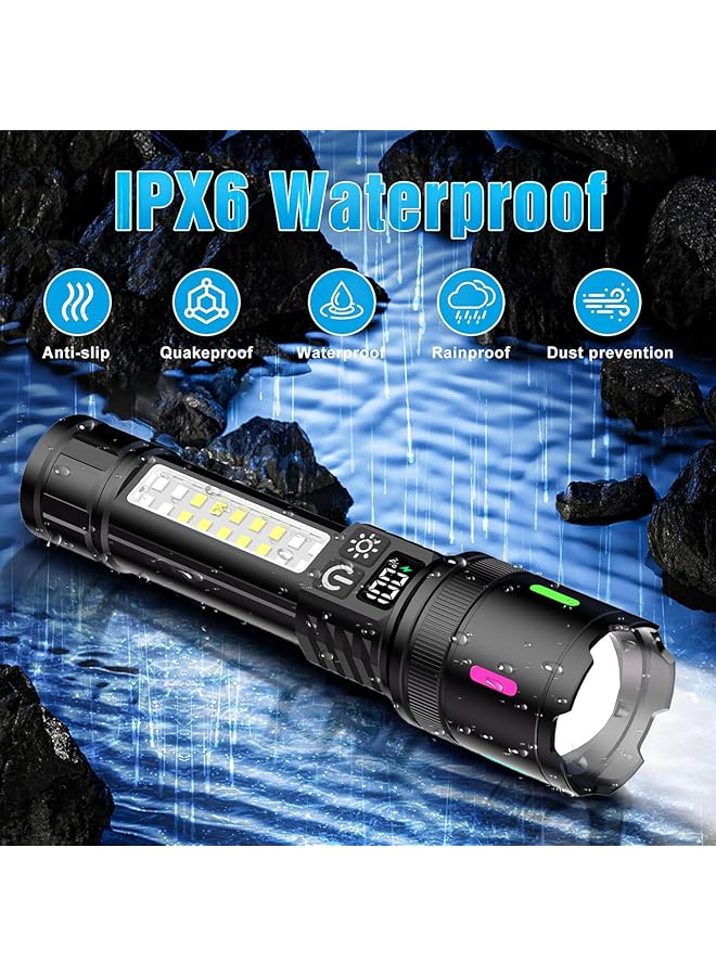 أكلو مصباح يدوي قابل لإعادة الشحن للمنزل، مصباح يدوي LED بقوة 10000 لومن مع نطاق شعاع قابل للتعديل (3 إلى 100 متر)، شحن من النوع C، 3 أوضاع، ضوء جانبي COB - Image 4