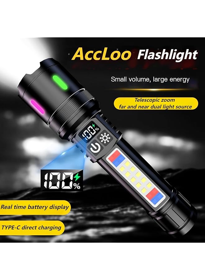 أكلو مصباح يدوي قابل لإعادة الشحن للمنزل، مصباح يدوي LED بقوة 10000 لومن مع نطاق شعاع قابل للتعديل (3 إلى 100 متر)، شحن من النوع C، 3 أوضاع، ضوء جانبي COB - Image 2