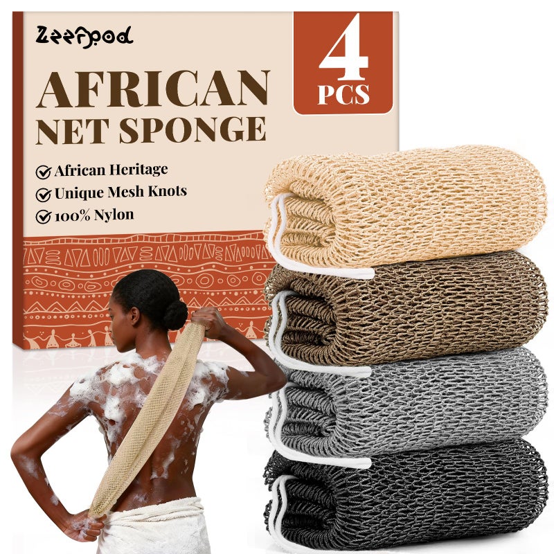 Zeefpod African Net Sponge Authentic-4 Packs African Exfoliating Net Sponge,Bath Sponges for Shower,42 inch Long for Normal to Sensitive Skin, for Daily use, Body Exfoliator Shower(Linen&Brown&Black&Grey) - Image 1