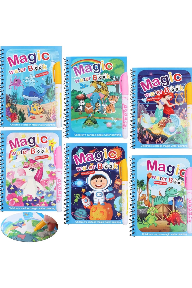 هالامودو 6 حزمة كتاب التلوين المائي السحري ، كتب اللوحة السحرية مع القلم المائي فوضى كتب التلوين المجانية للطفل الصغير 2-4 سنوات قابلة لإعادة الاستخدام كتاب التلوين هدية للأطفال - Image 1