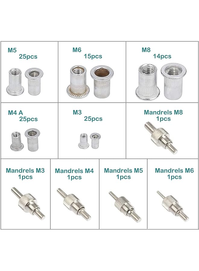 KEWAYO 110 Pieces Rivet Nut Tool Set, 1Pcs Hand Riveter Rivet Gun With 104Pcs Threaded Rivet Nuts Inserts (M3-M8) And 5Pcs Mandrels Rivet Nut Tool Set, For Car, Boat And Furniture Repair - Image 4