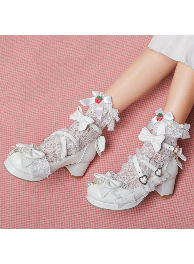 LUXMAX Women's Kawaii Shoes Cross Strap Pumps Cute Ankle Strap Mary Jane Shoes Wedding Lace Mid Chunky Heel Pumps, White, 7.5 - Image 5
