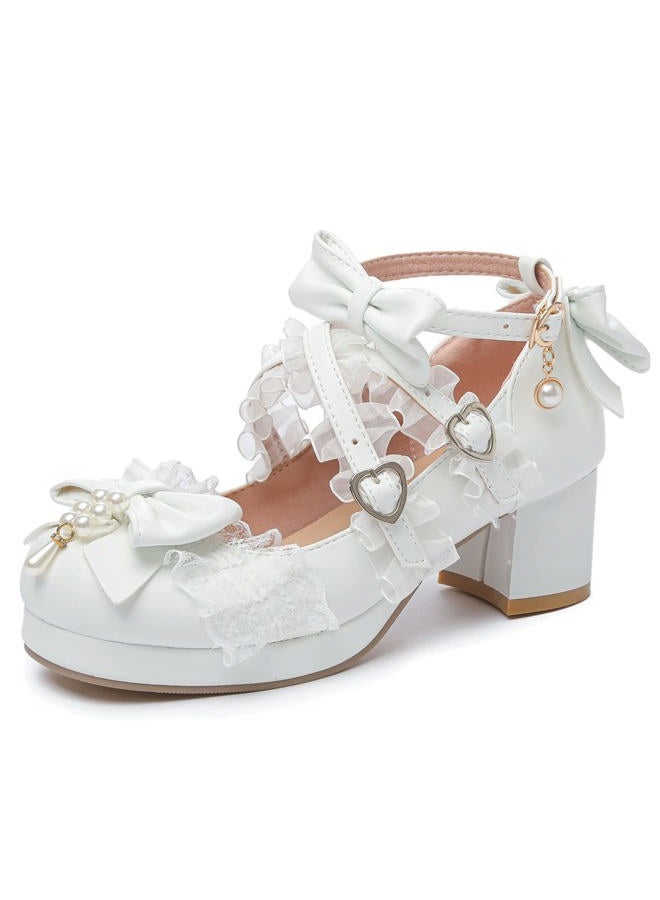 LUXMAX Women's Kawaii Shoes Cross Strap Pumps Cute Ankle Strap Mary Jane Shoes Wedding Lace Mid Chunky Heel Pumps, White, 7.5 - Image 1