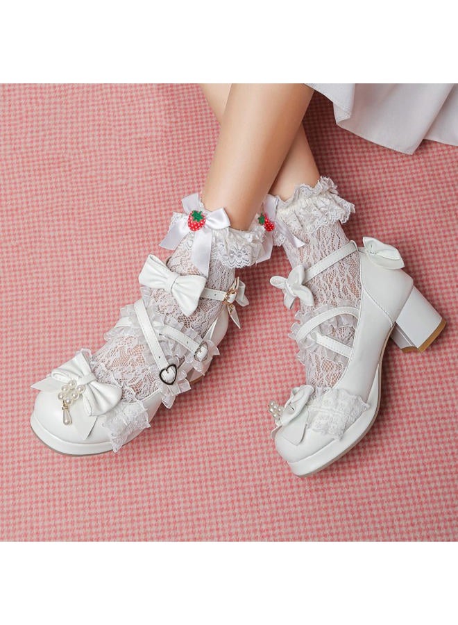 LUXMAX Women's Kawaii Shoes Cross Strap Pumps Cute Ankle Strap Mary Jane Shoes Wedding Lace Mid Chunky Heel Pumps, White, 7.5 - Image 3