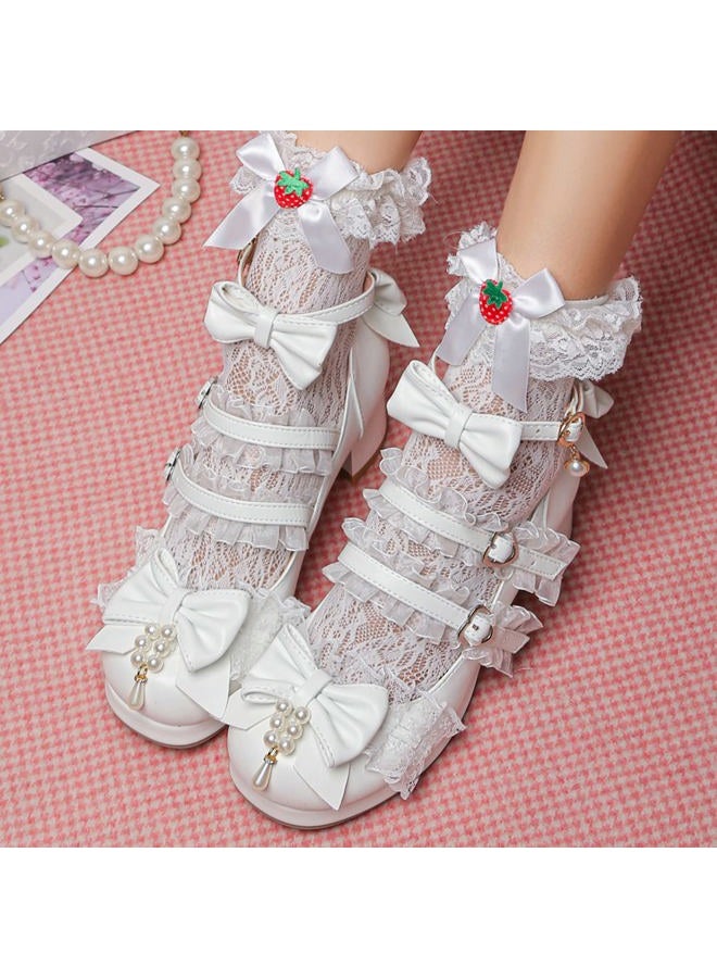 LUXMAX Women's Kawaii Shoes Cross Strap Pumps Cute Ankle Strap Mary Jane Shoes Wedding Lace Mid Chunky Heel Pumps, White, 7.5 - Image 2