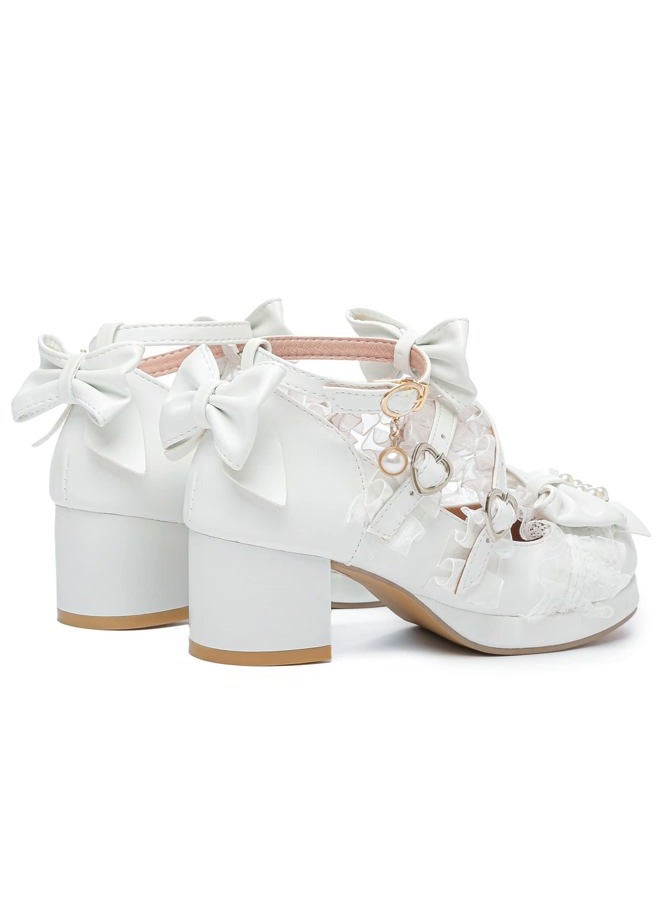LUXMAX Women's Kawaii Shoes Cross Strap Pumps Cute Ankle Strap Mary Jane Shoes Wedding Lace Mid Chunky Heel Pumps, White, 7.5 - Image 4