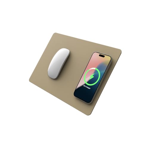 POUT H3 Wireless Charging Mouse Pad – Qi-Enabled Fast Charger Built into Sleek Desk Mat, Compatible with Phones, Earbuds & More(Latte Cream) - Image 1